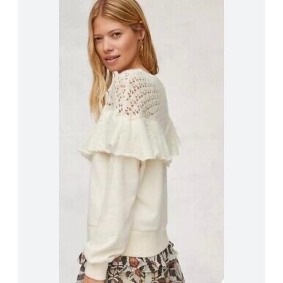 Anthropologie Layered Ruffle Collar Crochet Knit Pullover Sweater Cream SZ Small - Picture 3 of 10